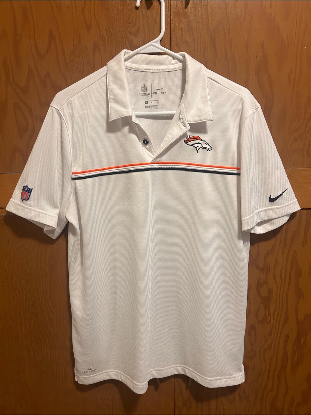 NFL Denver Broncos White Polo with Orange and Navy Stripe